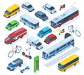 Isometric public city transport, scooter, bus, fire engine. Public municipal and private cars, ambulance, truck and train vector Royalty Free Stock Photo