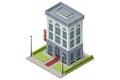 Isometric public hotel building exterior. Online booking service. Accommodation rent, travel planning. Room reservation.