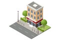 Isometric public hotel building exterior. Online booking service. Accommodation rent, travel planning. Room reservation.