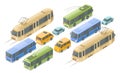 Isometric public and passenger transport illustration icons of modern buses, cars and tram or trolleybus Royalty Free Stock Photo