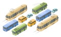 Isometric public and passenger transport vector illustration icons of modern buses, cars and tram or trolleybus