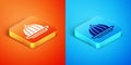 Isometric Pudding custard with caramel glaze icon isolated on orange and blue background. Vector Royalty Free Stock Photo