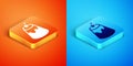 Isometric Pudding custard with caramel glaze icon isolated on orange and blue background. Vector Royalty Free Stock Photo