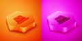 Isometric Pudding custard with caramel glaze icon isolated on orange and pink background. Hexagon button. Vector Royalty Free Stock Photo