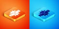 Isometric Punch in boxing gloves icon isolated on orange and blue background. Boxing gloves hitting together with