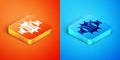 Isometric Punch in boxing gloves icon isolated on orange and blue background. Boxing gloves hitting together with