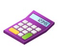 Isometric purple calculator with colorful buttons and digital display. Office stationary, mathematics tool vector