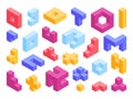 Isometric puzzle game blocks, 3d geometric shapes. Colorful logic game blocks, isometric constructor cube elements vector Royalty Free Stock Photo