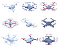 Isometric quadcopter, radio remote controlled flying drones. Unmanned aerial drone, electronic innovation flying