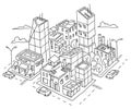 Isometric quarter big city sketch. Skyscrapers and high-rise buildings. Home architecture city center. Hand drawn black