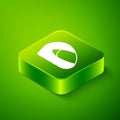 Isometric Racing helmet icon isolated on green background. Extreme sport. Sport equipment. Green square button. Vector