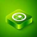 Isometric Racing steering wheel icon isolated on green background. Car wheel icon. Green square button. Vector