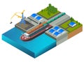 Isometric railway dock, a ferry carrying train wagons. Train on the ferry. Transportation of large loads by sea. Global