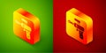 Isometric Ray gun icon isolated on green and red background. Laser weapon. Space blaster. Square button. Vector