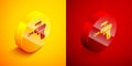 Isometric Ray gun icon isolated on orange and red background. Laser weapon. Space blaster. Circle button. Vector