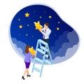 Isometric Reaching the Stars. Reach your dream, aspirations, and solutions. Businessman and Businesswoman steps onto the Royalty Free Stock Photo