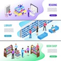 Isometric read book banner. Online library books with bookmark, reading ebook and research textbook banners illustration