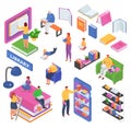 Isometric reading book concept of learning, read books in the library, classroom flat design vector illustrations set.