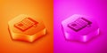 Isometric Reading book icon isolated on orange and pink background. Hexagon button. Vector