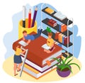 Isometric reading book, vector illustration, education in library, flat tiny girl boy character sitting at literature