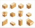 Isometric realistic cardboard delivery boxes. Opened, closed logistic box.