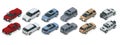 Isometric realistic SUV cars set template on white background. Compact crossover, truck, pickup, SUV, 5-door station