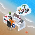 Isometric dreaming about vacation programmer or office worker. He is tired of coding and wants to relax