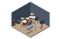 Isometric recording studio and soundproof wall texture. Drum kit with drums and cymbals. Synthesizer analog sound Royalty Free Stock Photo