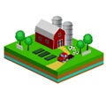 Isometric Red Barn And Trees cows vector illustration Royalty Free Stock Photo