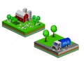 Isometric Red Barn And Trees cows vector illustration Royalty Free Stock Photo