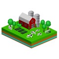 Isometric Red Barn And Trees cows vector illustration Royalty Free Stock Photo