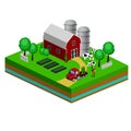 Isometric Red Barn And Trees cows vector illustration Royalty Free Stock Photo