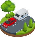 Isometric red car with Camping trailer on road. Travel concept. Recreational vehicles.