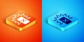 Isometric Red card football icon isolated on orange and blue background. Referee card. Vector