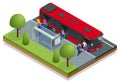 Isometric red City Bus at a bus stop. People get in and out of the bus. Public transport with driver and people. Royalty Free Stock Photo