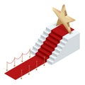 Isometric red event carpet on a white background Red carpet event with white marble stairs and gold queue rope