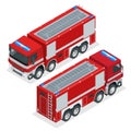 Isometric Red fire truck, vehicle of Emergency. Firefighters design element. Vector Illustration on a white background.