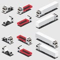 Isometric Red Flatbed Cargo Truck and Truck Trailer with Container. Icons Set. Commercial Transport. Logistics