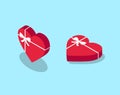 Isometric red hearts with white bow. Valentine`s day romantic gift
