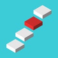 Isometric red next step in air among white ones on turquoise blue background. Career, development, challenge and opportunity Royalty Free Stock Photo