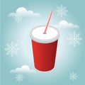 Isometric red plastic glass with lid and straw isolated on white background. Fast food in snow winter. Illustration for Royalty Free Stock Photo