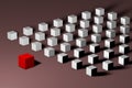 Isometric red unique cube in front of many white ones. Leadership, uniqueness, individuality, loneliness, difference and