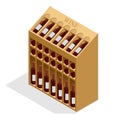 Isometric Red wine bottles stacked on wooden racks. Vector illustration isolated on white background