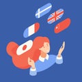 Isometric redhead closeup woman portrait with various countries flags, smiling and looking at them. 3d illustration good for