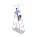 Isometric referee sits on umpire chair with a canopy for volleyball, water polo, tennis, badminton front view