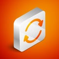 Isometric Refresh icon isolated on orange background. Reload symbol. Rotation arrows in a circle sign. Silver square