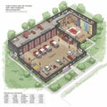 An isometric rendering of a fire station layout includes multiple fire trucks parked Royalty Free Stock Photo