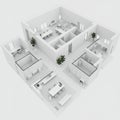 An isometric rendering of a modern office layout with multiple rooms and areas.