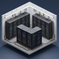 Isometric rendering of a server room featuring multiple black server racks arranged