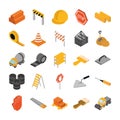 Isometric repair construction work tool and equipment bricks barricade helmet brush shovel saw truck flat style icons